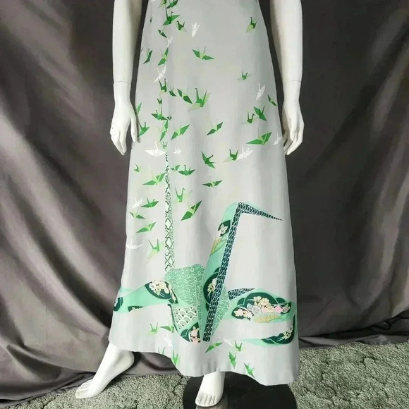 VINTAGE 1970s Crane Print Maxi Sun Dress S - Picture 10 of 12